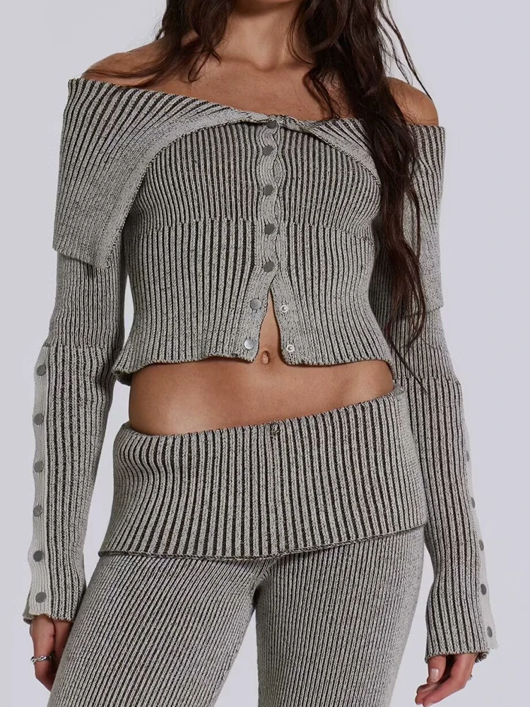 

Le Luz Sexy Cropped Sweater Cardigan Gray Off Shoulder Knitted Autumn Winter Long Sleeve Women Ladies Knitwear Sweater Jersey