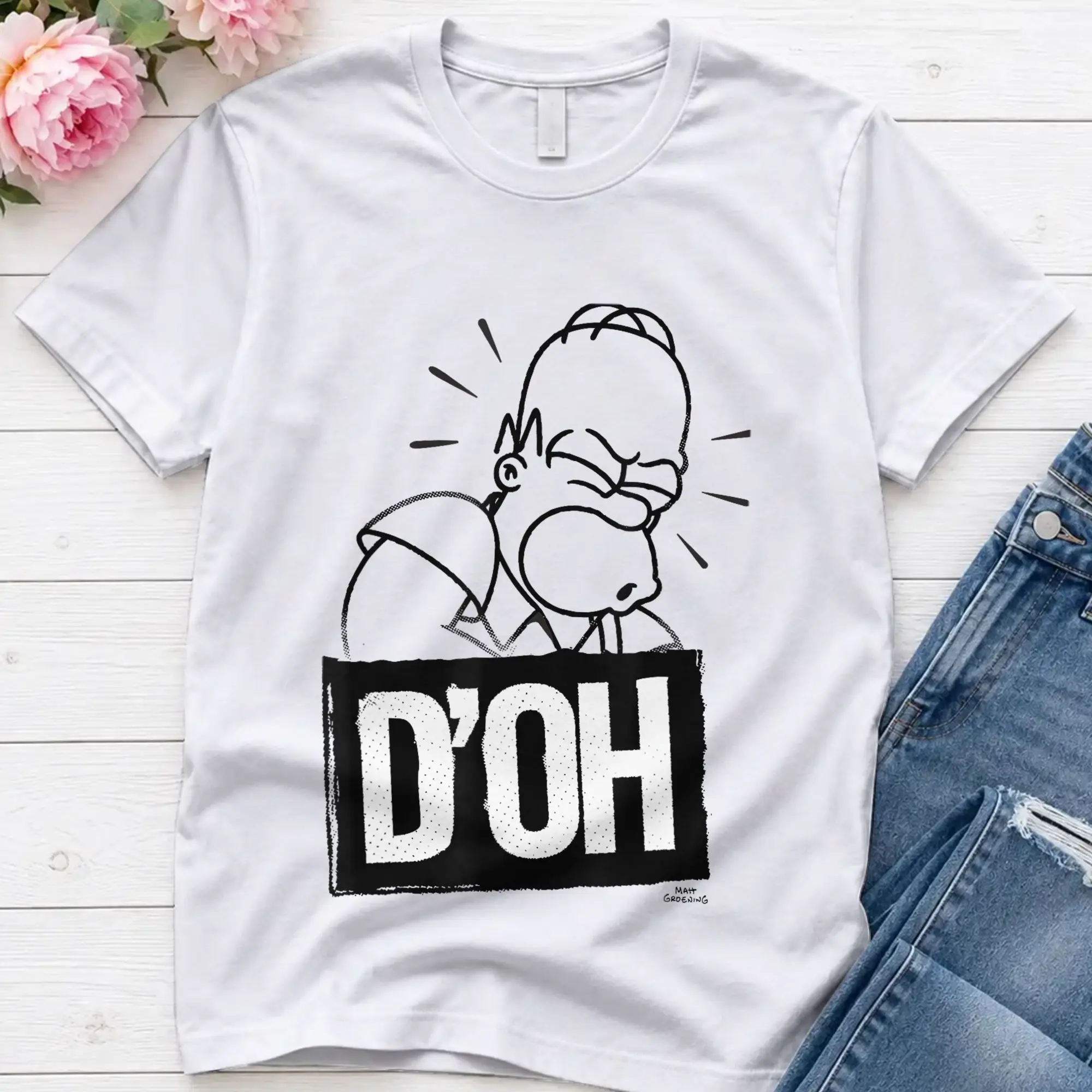 Men's Homer Iconic Phrase D'Oh Artline Chest Logo T Shirts Simpsons 100% Cotton Clothing Crewneck Tees Gift Idea T-Shirts