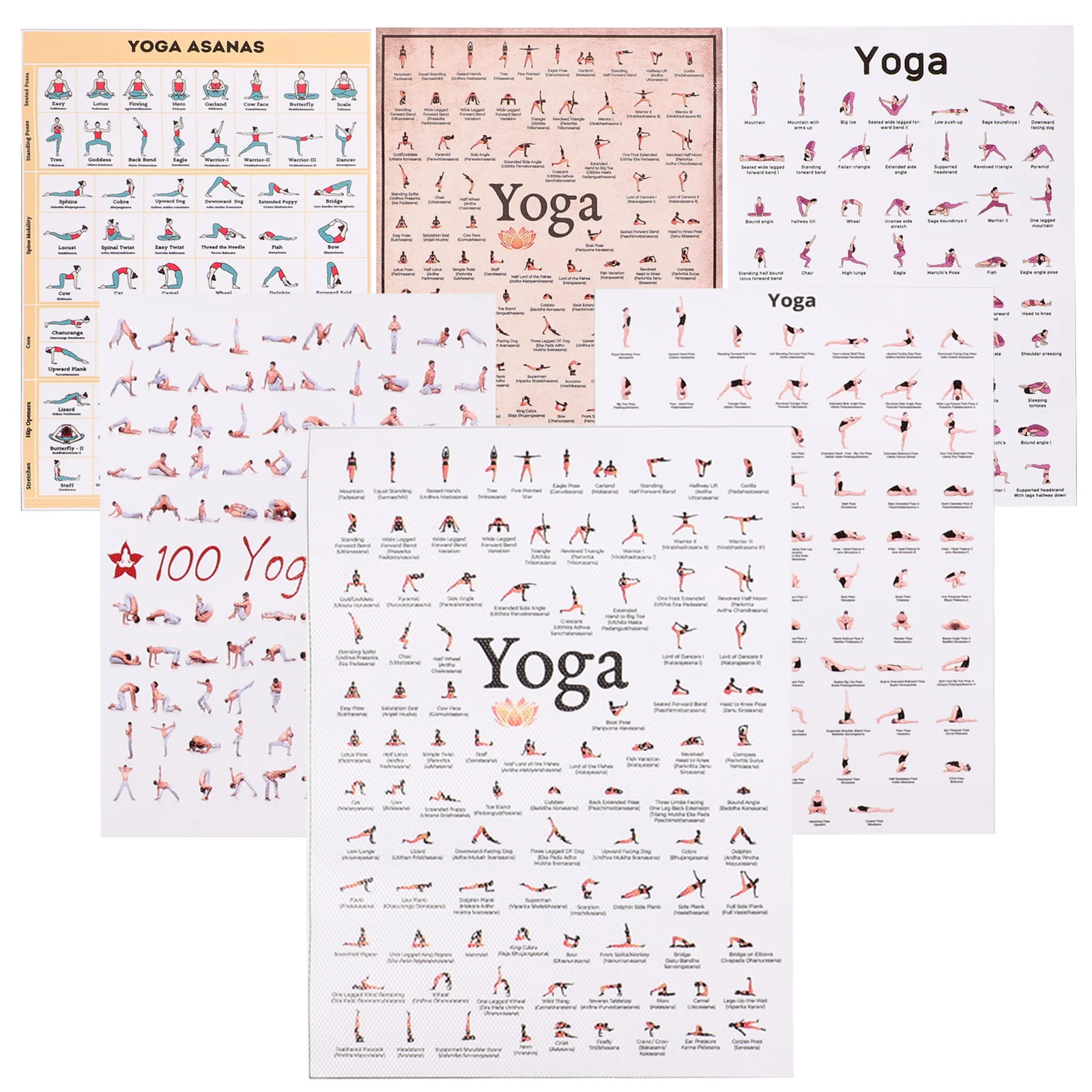 6 Pcs Yoga Pose Poster 13x18cm Canvas Wall Decorative Chart for Home Office Beginner Exercise Stretches Poses