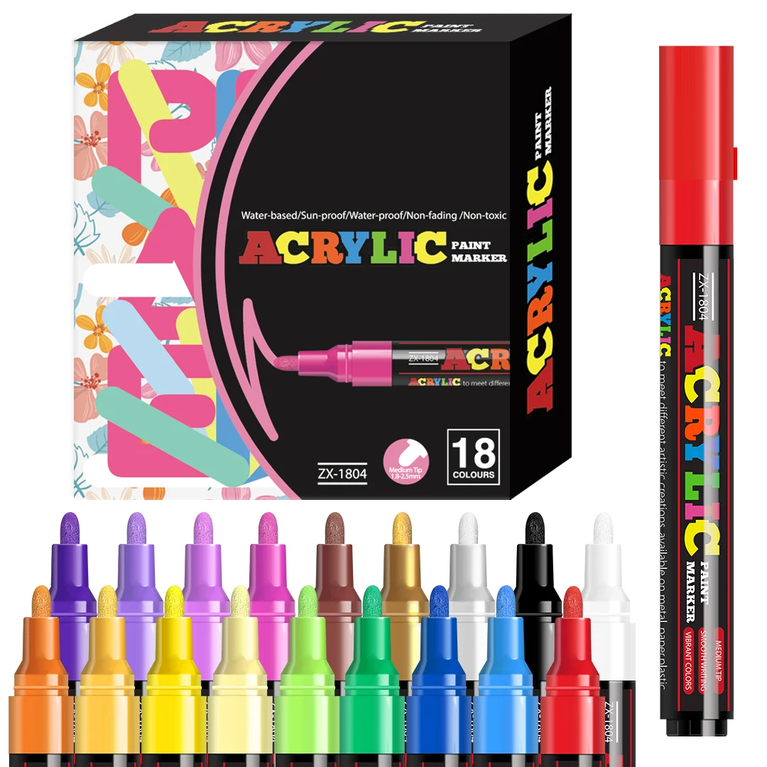 12/18/24 Farben Acryl-Marker-Set, mittlere Spitze (2-3mm), geeignet für Steinmalerei, schwarzes Papier und Skateboard-Dekoration – Detail 2