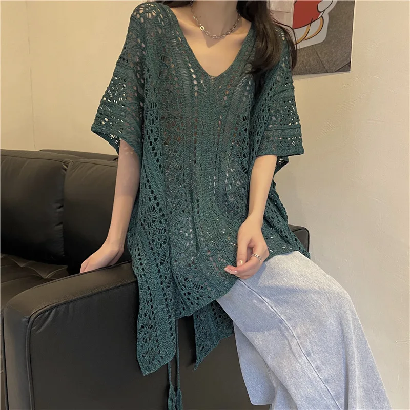 Summer Spring Sun Protection Clothing Casual Loose V-neck Sexy Hollowed Out Knit Shirt for Women Short Sleeve Unique Tops 26910