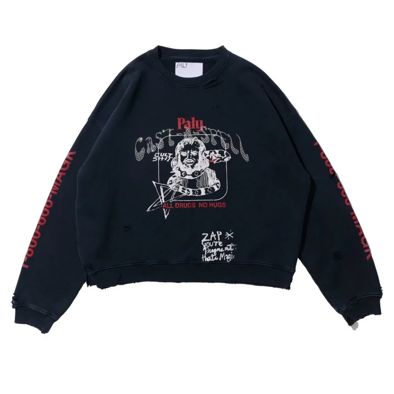 Men Ghost Rhinestone Letter Sweatshirt Distressed Ripped Gothic Washed