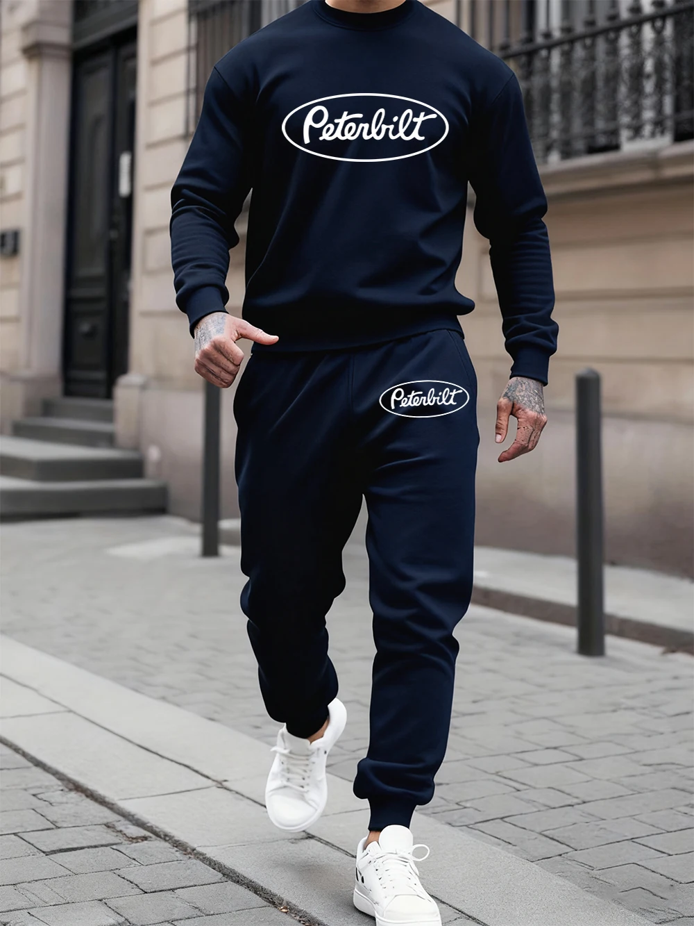 

2 Pcs Hoodies Set Mens Peterbilt Letter Prints Sweatpants Winter Fleece Crewneck Sweatshirt Jogging Pants Sporty Loose Clothes