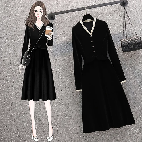 고급스러운 드레스 여성복 통근 한국 스타일 긴 소매 고급스러운 검정색 금사 블랙 브론즈 드레스 원피스 여성복 드레스  Best5