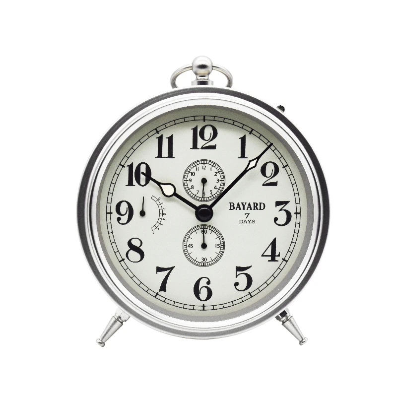 

Seven Days Mechanical Movement Alarm Clock, Metal, Modern Clockwork, Large Volume, Bedroom Desktop Table Clocks, Silver Desk Dec