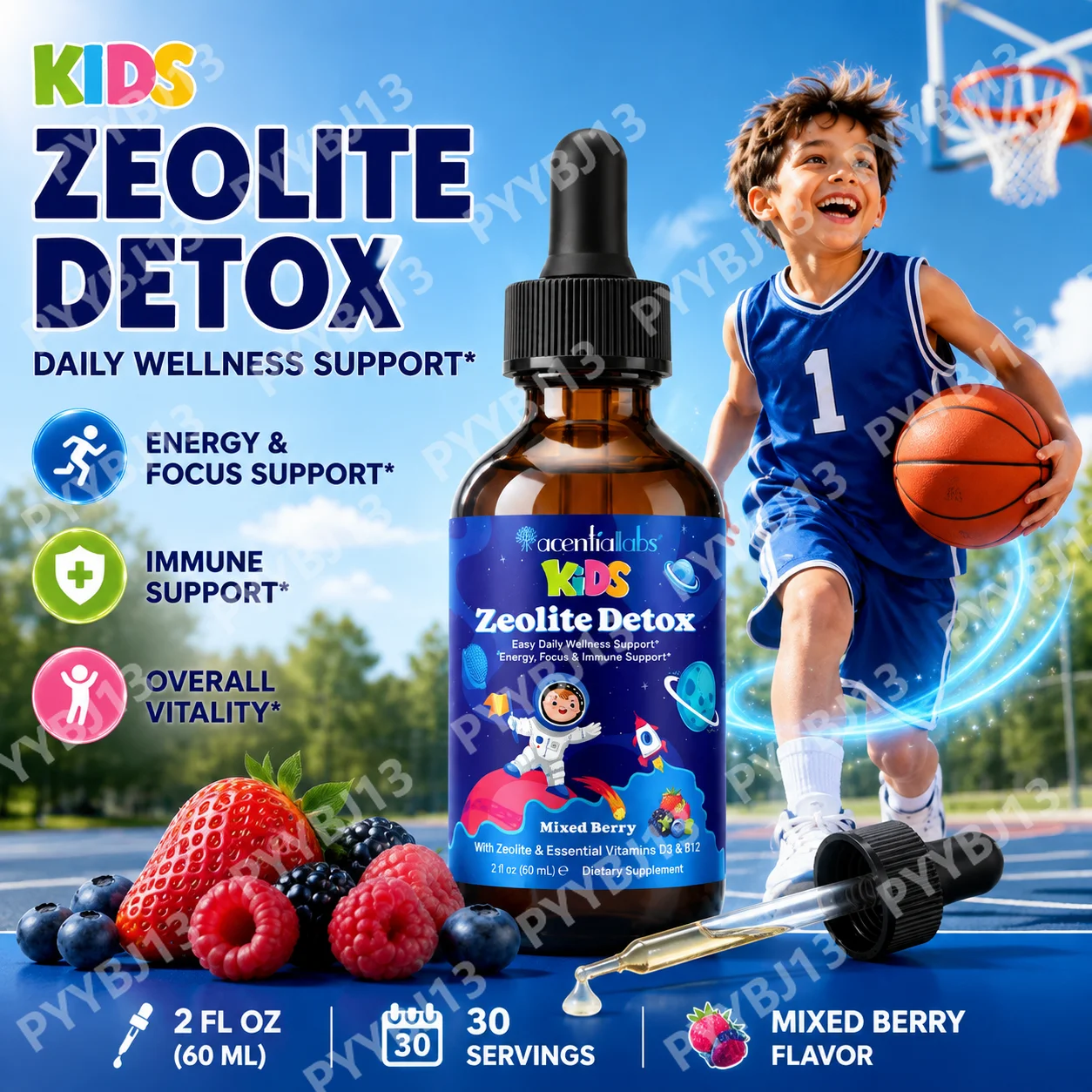 Acentiallabs Kids Zeolite Detox Liquid Drops, Zeolite with Vitamin D3 & B12, Mixed Berry 60mL Tincture, Boost Immunity Energy