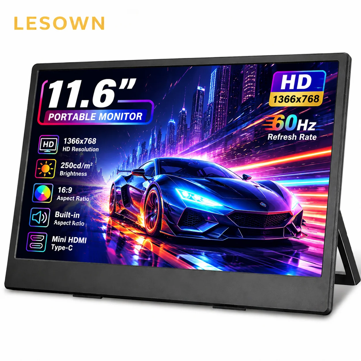 LESOWN 11.6-inch Laptop Screen Extender 1366x768 LCD Instant Connection Mobile Monitor VESA 75 for Windows Notebook