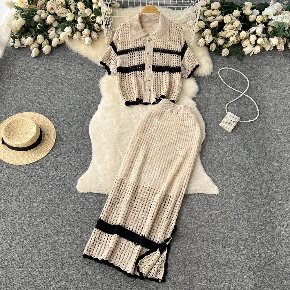 Women Holiday VacationSuits Hollow Out Knit Turn-down Collar Short Sleeve Loose Shirt + Elastic Waist Split Skirt Two-piece Set