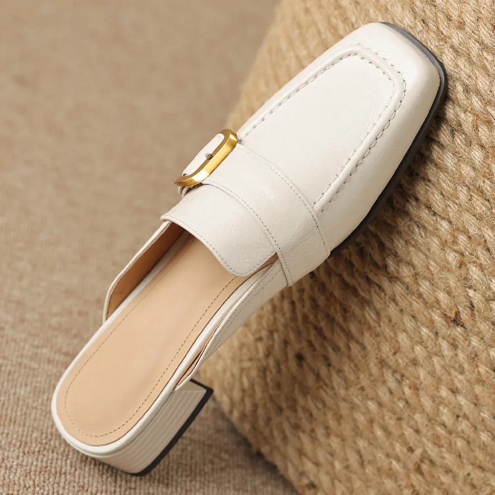 Women\'s summer mules cow leather metal buckle square toe slip-on flats slides high quality soft comfortable casual sandals shoes