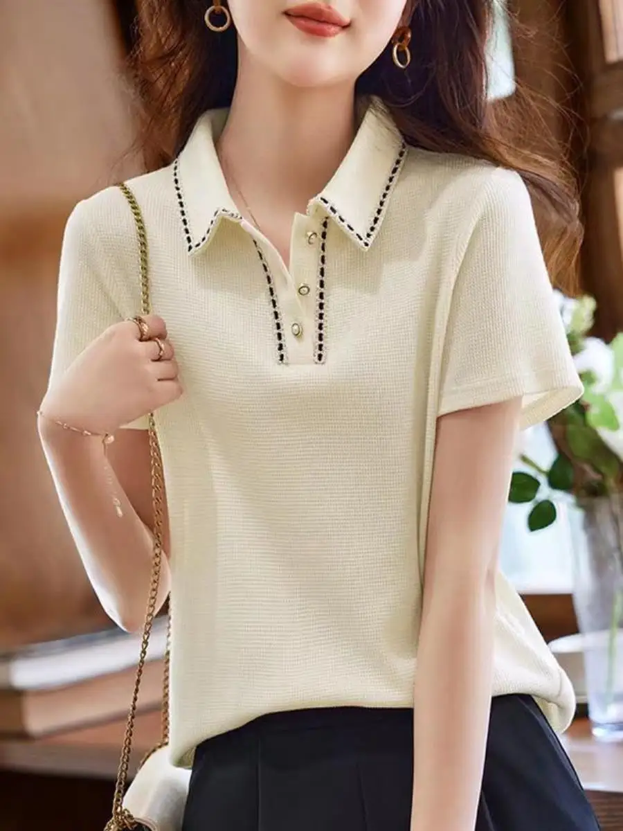 camisa-feminina-de-manga-curta-nova-colecao-de-verao-casual-tricotada-com-mascara-protetora-solar-design-simples-t