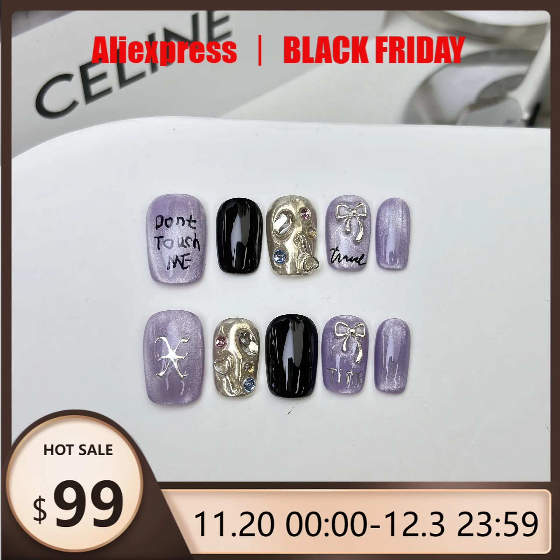 

10 шт., пресс для ногтей ручной работы, фиолетовый бант, телесный металлик, полное покрытие, типсы для ногтей для женщин и девочек, съемные носимые накладные ногти