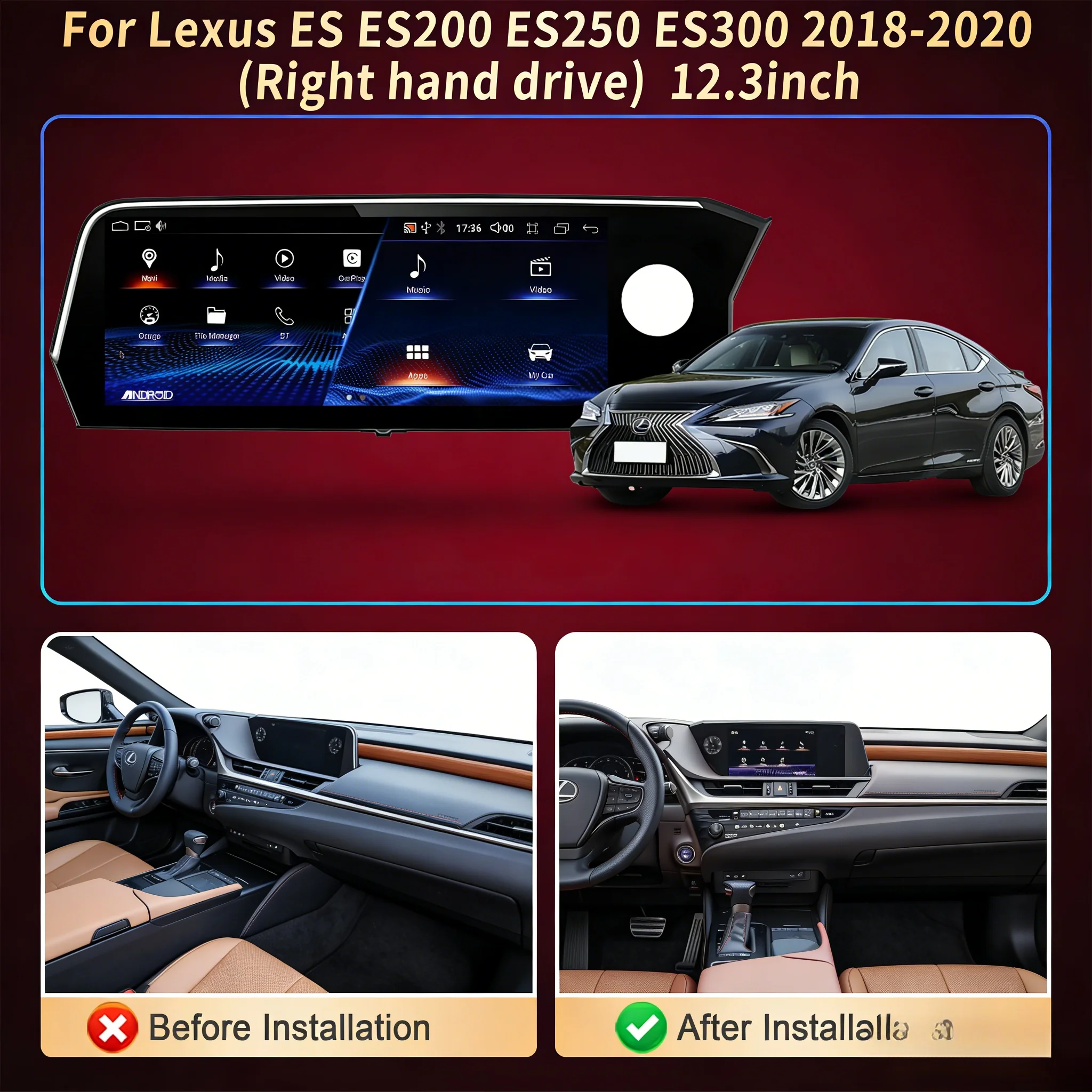 12.3inch Right hand drive CarPlay Multimedia Snapdragon 685 Screen For Lexus ES ES200 ES250 ES300 2018-2020 Car Radio Wireless