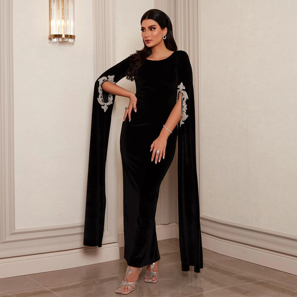 Prom Dress Long Sleeves Round Neck Beading Stones Ankle Length Saudi Arab Evening Dresses Black Mermaid Party Gown