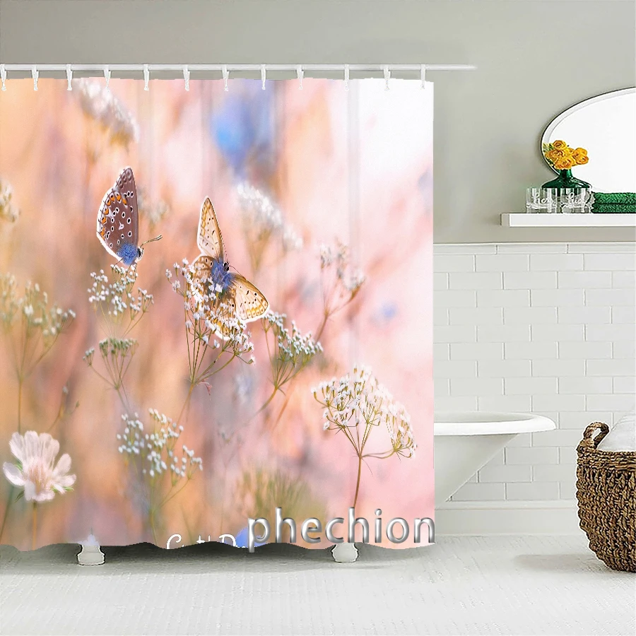 3D Printing Forest Shower Curtain Flowers Bird Butterfly Landscape Bath Curtain with Hooks for Bathroom Waterproof Scenery X02