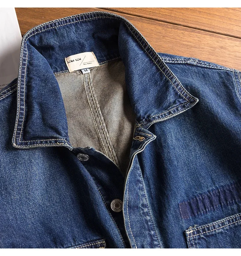 Herren Denim-Jumpsuits mit losen Taschen, langen Ärmeln, Overalls mit Reverskragen, Cargo-Jeans, Arbeitskleidung – Detail 5
