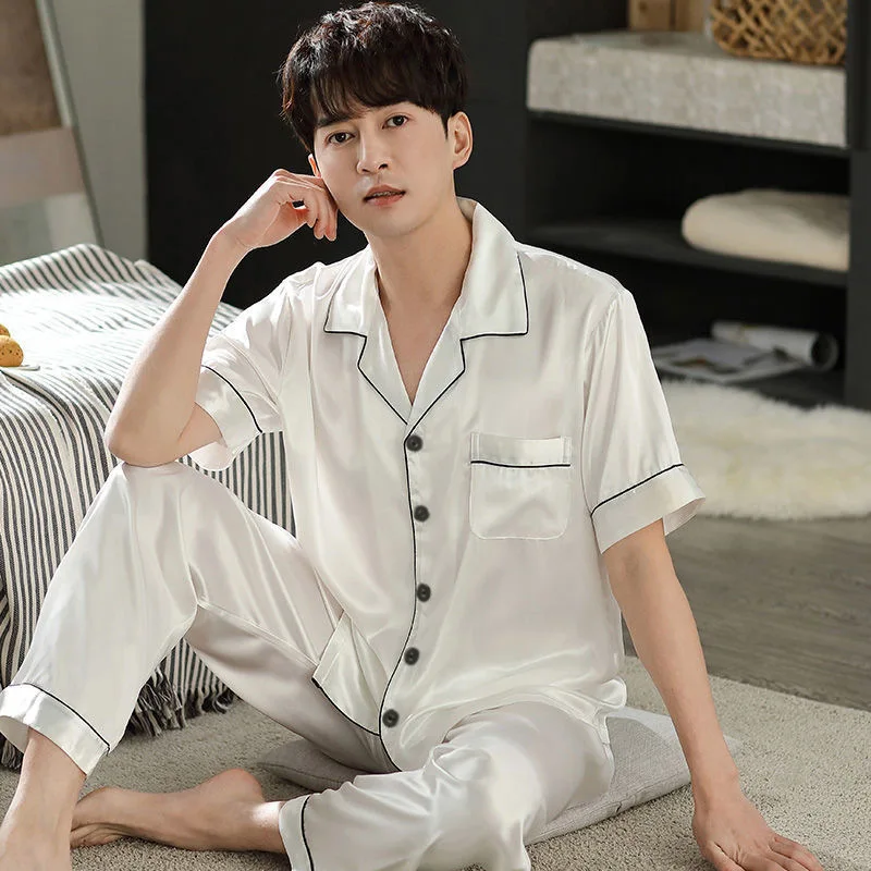 Spring Summer Men's Imitation Silk Pajamas Solid Color Large Size Short Sleeve Lapel Cardigan Sleepwear Pants Two Pieces Set