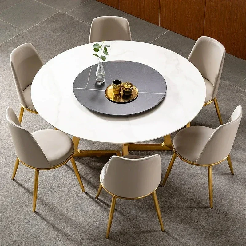 Designer Luxury round Marble Rock Slab dining table set 4 6 chairs mesa tavoli furniture meuble marbre Stainless steel gold base