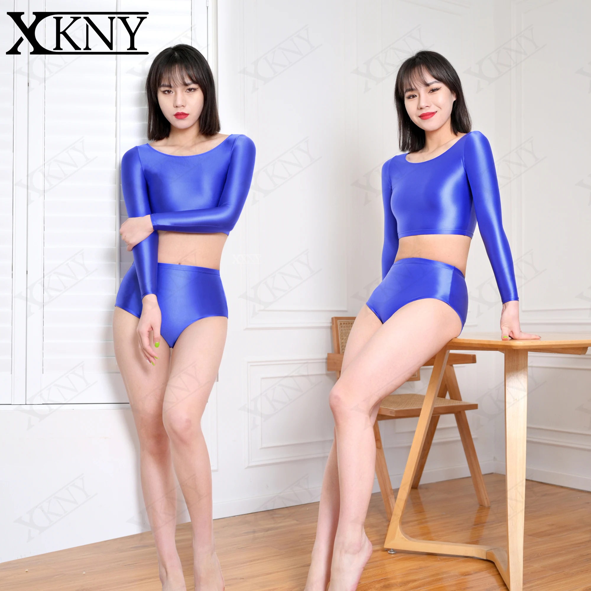 XCKNY satin glossy sexy long sleeve top Sports Glossy Silk Skinny Yoga swim Expose the navel Thin Bodybutton Long Sleeve Top