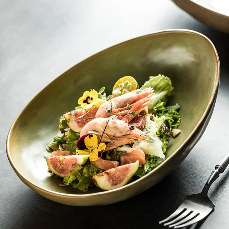 

personalized fruit bowl, high-end sense, size, irregular ceramic dessert salad bowl, retro outdoor large basin bowl