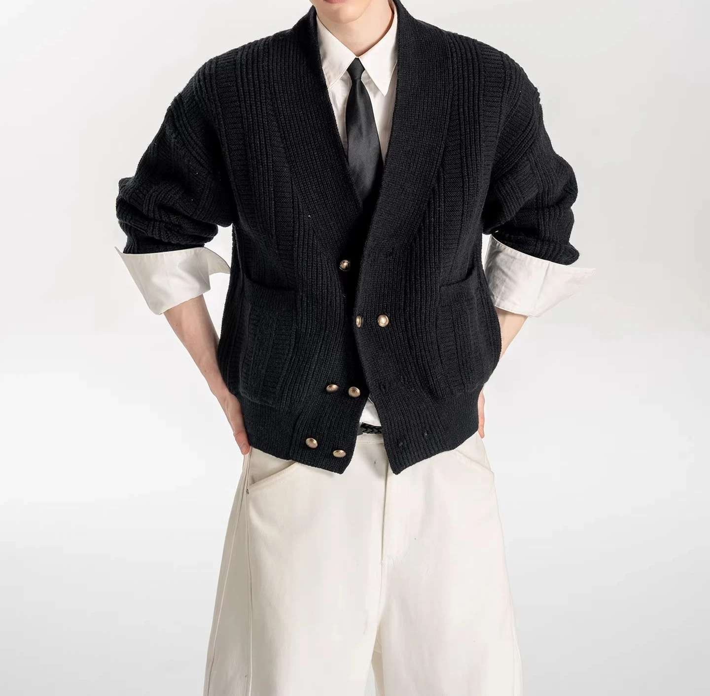 Autumn Vintage Double Breasted Knitted Cardigan Classic Casual Loose and Versatile V-neck Striped Sweater for Men