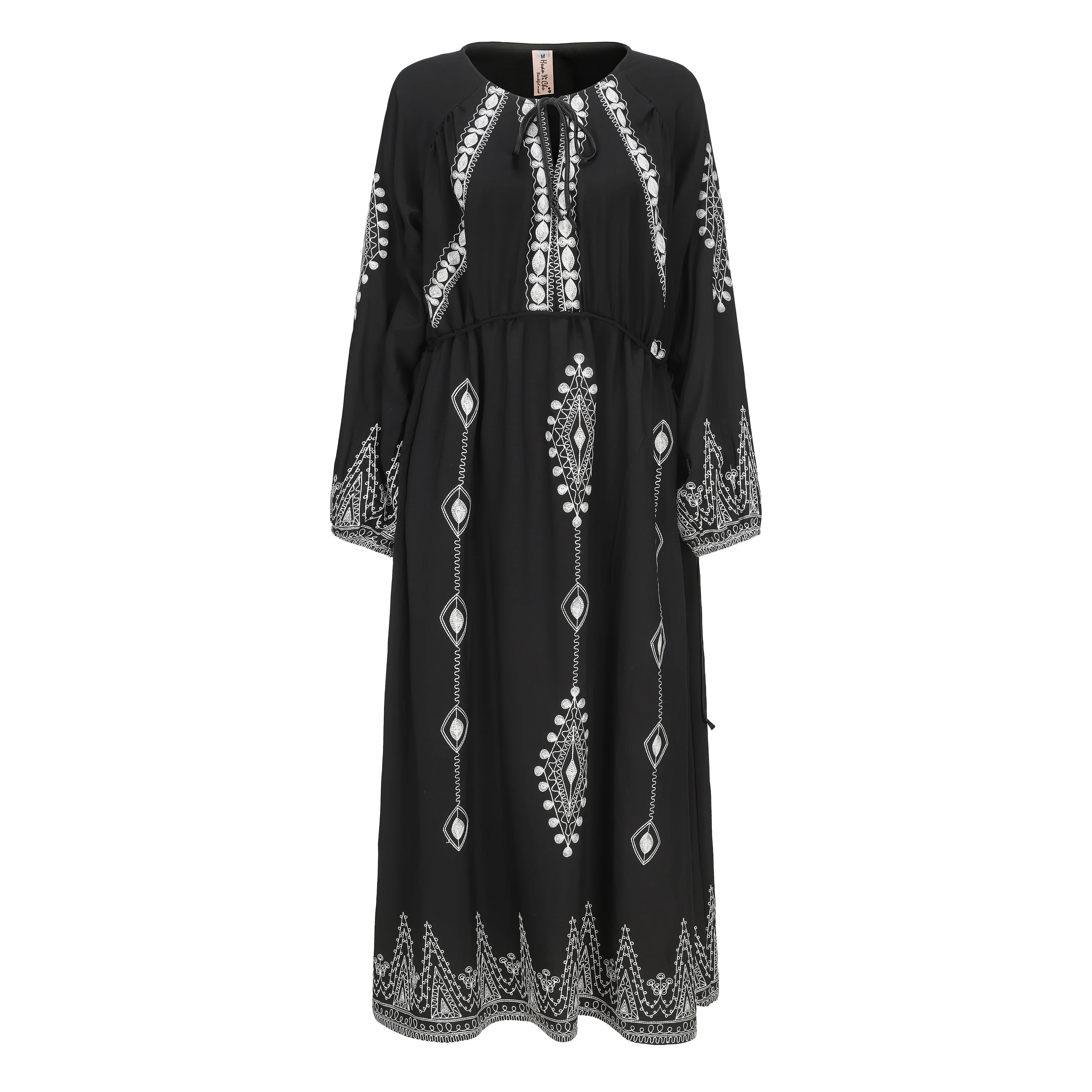 New Vintage Women V Neck Black Embroidery Flower Vacation Maxi Dress Bohemian Summer High Drawstring Waist Loose Long Vestidos