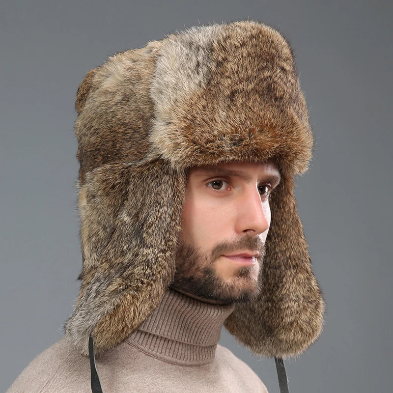 Gorro de bombardero grueso y cálido para hombre, gorra rusa con orejeras de piel de conejo Real, de talla grande, para invierno