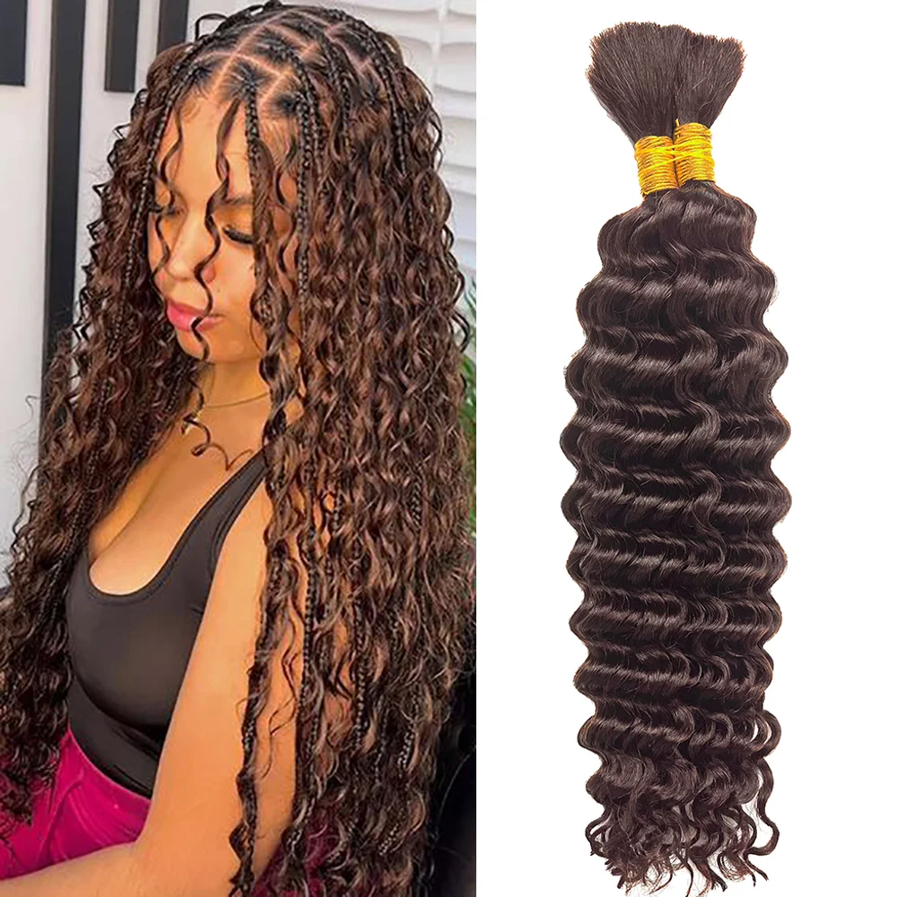 Chocolate Brown Braiding Hair for Boho Braids Human Hair Braiding Hair 2 Bundles/Pack 100g 18 Inch Deep Wave Boho Hair Braiding