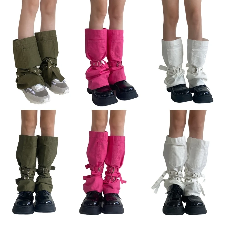 Harajuku Cargo Leg Warmers with Adjustable Buckle Strap Pocket for Women Punk Flared Baggy Foot Covers Footless Socks