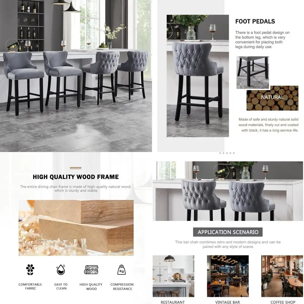 مجموعة من 4 مقاعد بارتفاع مخملية معنقدة مع مسند ظهر ومقاعد خشبية منجدة لجزيرة المطبخ وتناول الطعام والمقهى وP