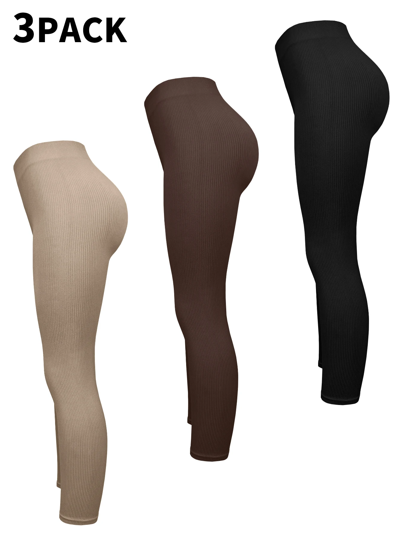 3 Packs Ribbed Seamless Leggings For Women-No See-Through High Waisted Tummy Control Yoga Pants  For Workout Athletic Running