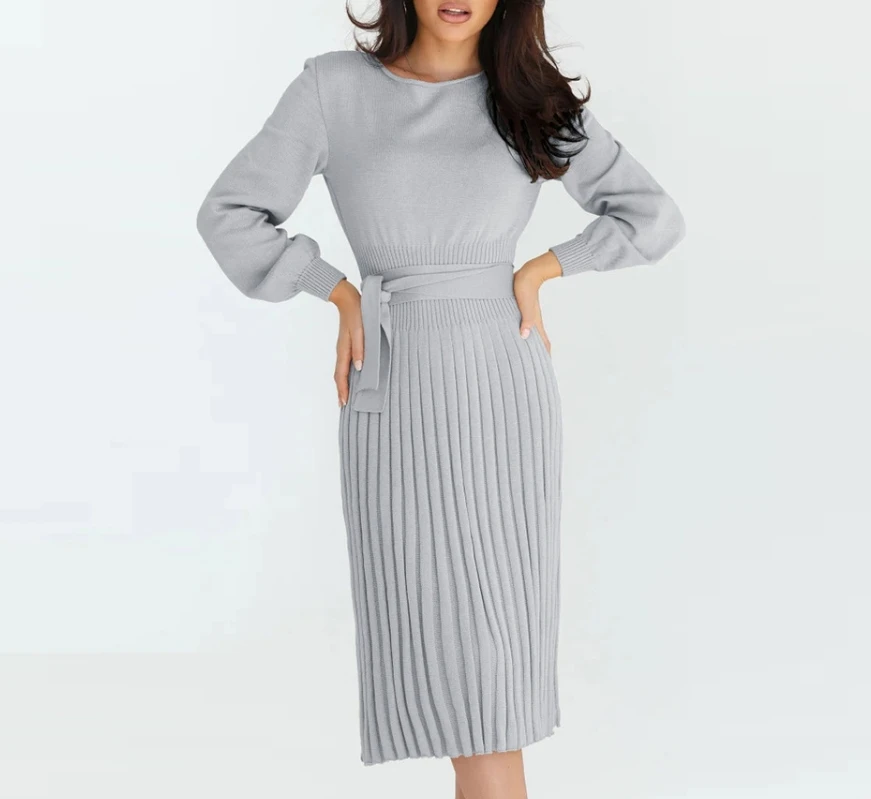 

100pcs in stock women's round neck lantern sleeve knitted dress slim fit pleated base woolen dress (shipped within 48 hours)