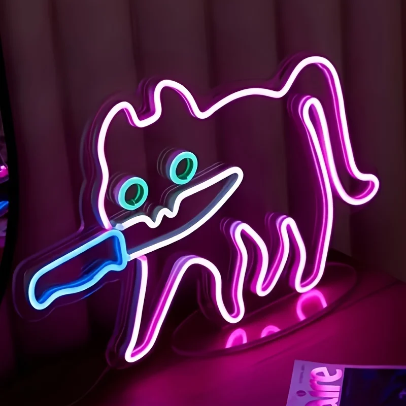 Cat With A Knife LED Neon Sign, For Wall Decoration, Wall Mounted Hanging Lights, Cartoon Cat LED Neon Sign
