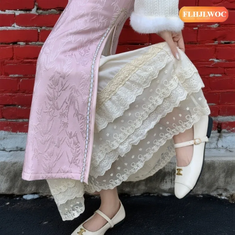 New Year Matching Cheongsam Qipao Skirts Retro Vintage Cute Girls Sweet Princess Romantic High Waist Ruffles Long Lace Skirts