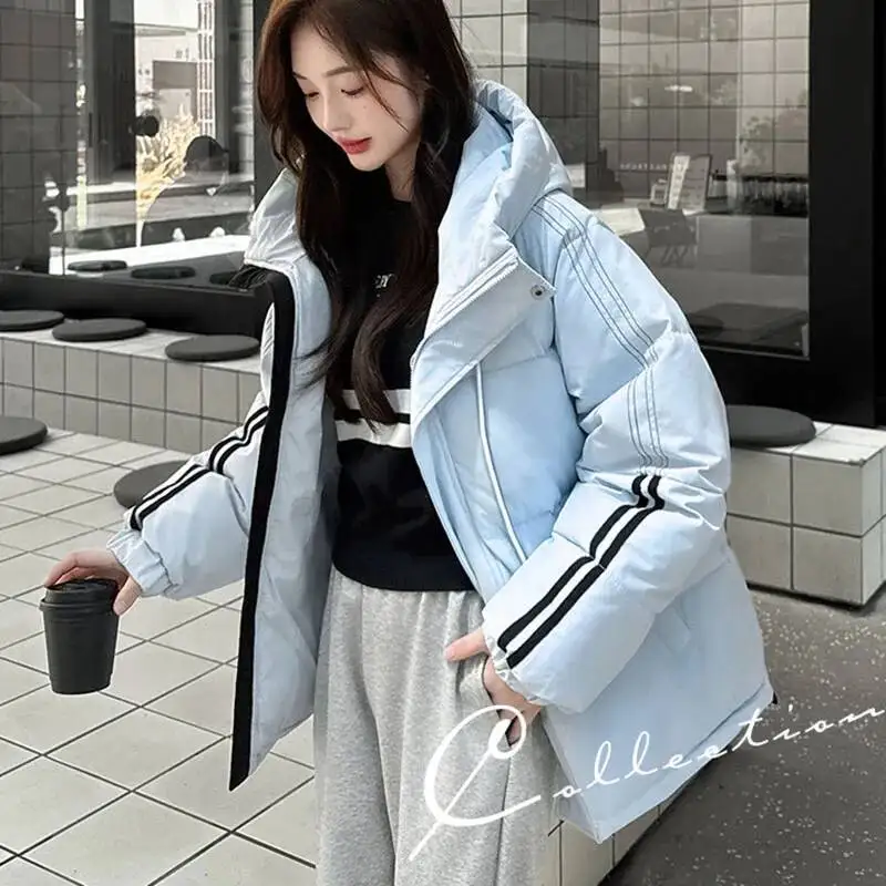 Protection Against Cold Overcoat 2025 New Winter Warm Hooded Stripes Thick Fashion Women Cotton Jacket