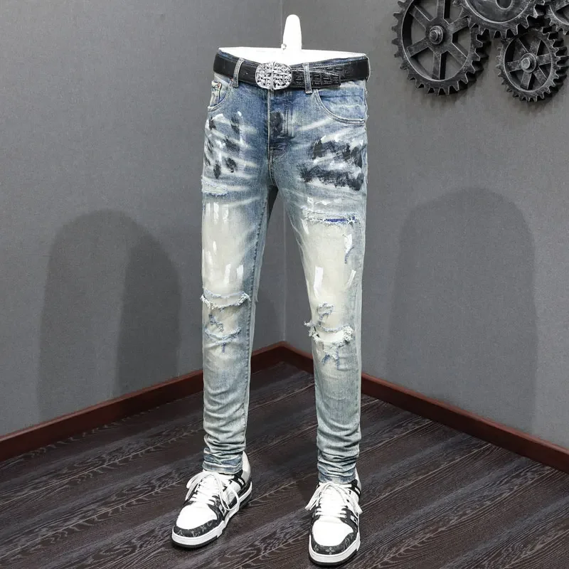 Streetwear Fashion Men Jeans Retro Blue Stretch Skinny Fit Ripped Jeans Men Splashed Painted Designer Hip Hop Brand Pants Hombre