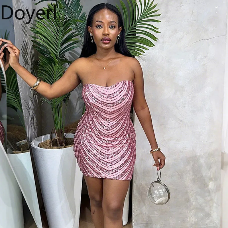 Doyerl Glitter Sequins Birthday Dress Woman Sleeveless Backless Strapless Slim Prom Night Club Party Mini Short Dresses Vestidos