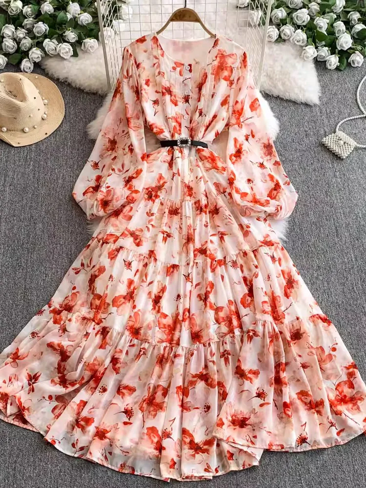 

Autumn Women Printed Long Dress Elegant Round Neck Single Breasted Puff Sleeve Maxi Vestidos Female Blue/Yellow/Green Robe New