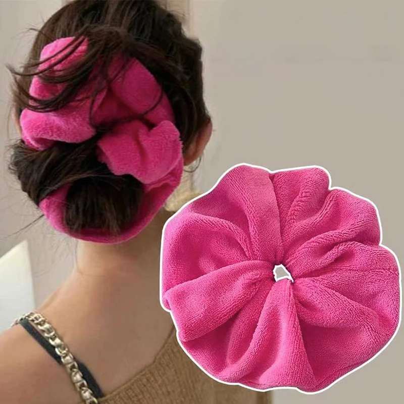 Solid Soft Plush Wide Head Rope Womens Girls Ponytail Holder Hair Tie Fluffy Rubber Band Towel Fabric Hair Band Hair Accessories