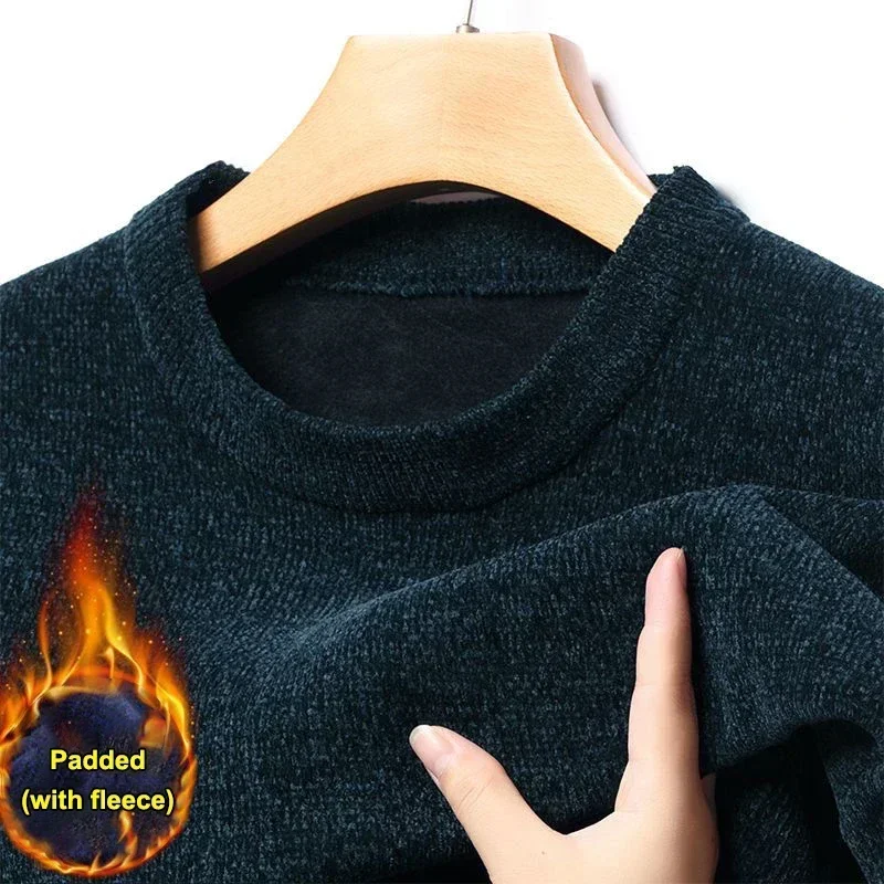 

Мужской осенне-зимний зеленый свитер с круглым вырезом, облегающий повседневный вязаный топ, утепленный зимний трикотаж, мужская верхняя одежда, однотонная 3XL 4XL