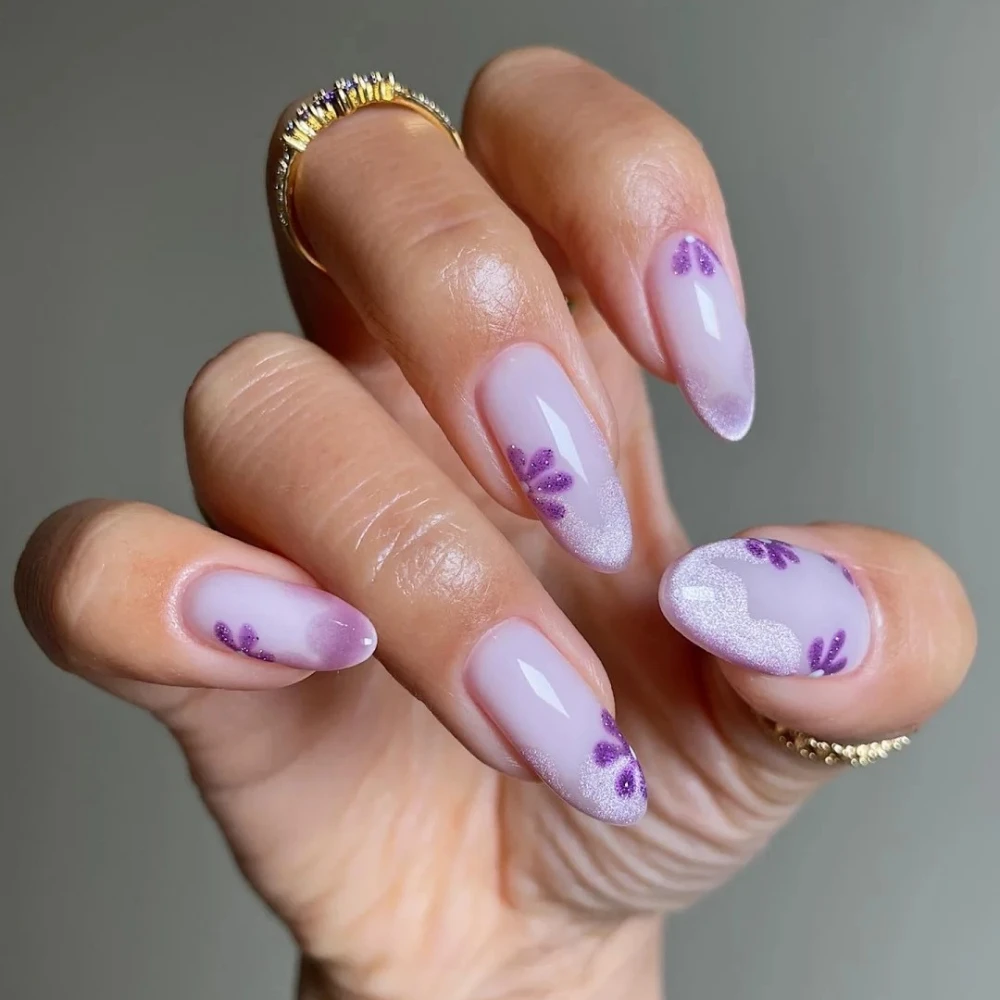 

10Pcs Handmade Manicure Medium Almond Fake Nails New Cute Flower Limited Nails Press On Nails Design with Adhesive Nail File Set