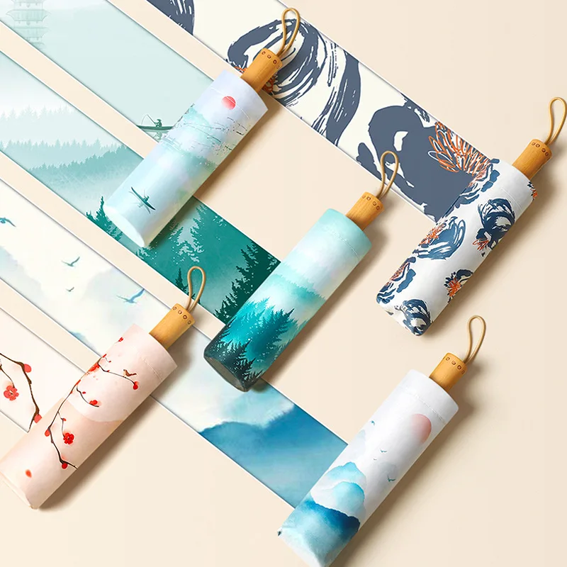 

Umbrella, Black Coated with Digital Printing, Folding Sun Rain Dual-Use Sunscreen Umbrella for Women