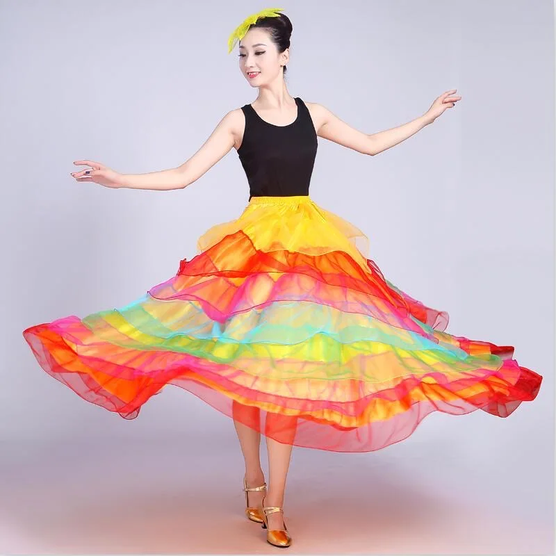 Jupe Flamenco espagnole pour femmes, lisse, grande balançoire, couture en dentelle, fête de carnaval, salle de bal, Costumes de danse du ventre gitane, 360 – 720