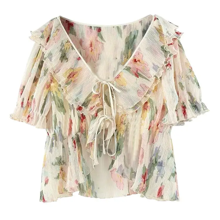 

Summer New Girlish Lotus Collar Chiffon Cardigan Lightweight Short Sleeves Fresh Printed High Street Breathable Cozy Blouses