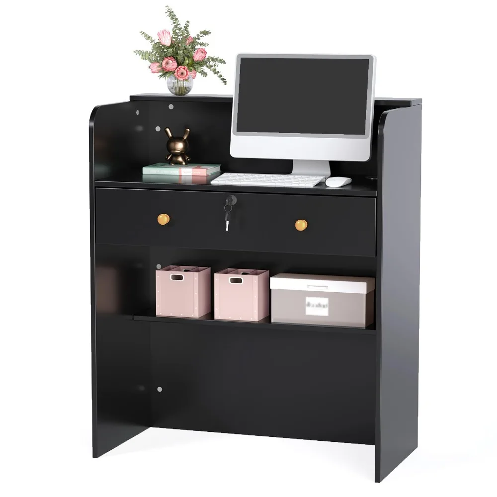 Reception Desk with Counter, Small Front Checkout Desk w/Lockable Drawer, Wooden Modern Reception Table for Salon Lobby