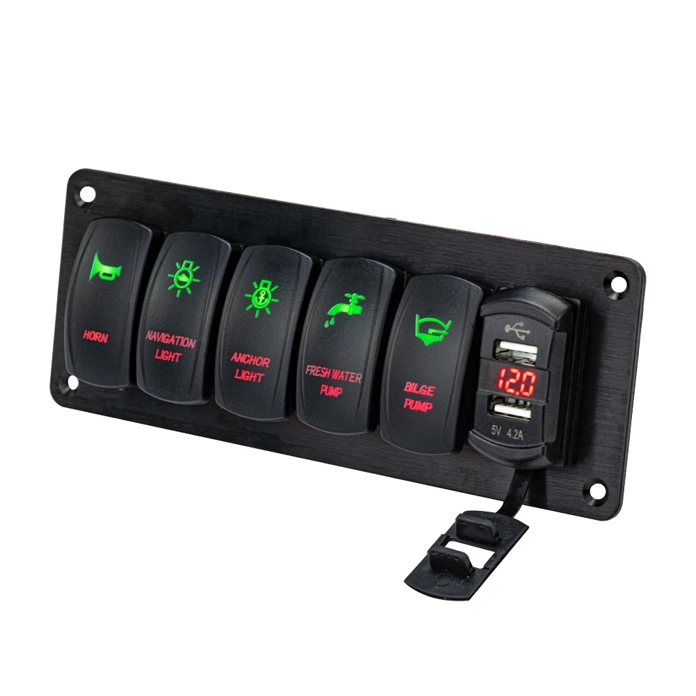 12v 24v 6gang Led Double USB Digital Voltmeter Ship Boat Yacht Marine Rocker Switch Panel