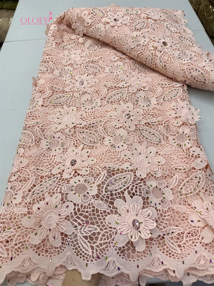 

OLOEY Luxury African Guipure Cord Lace Fabric With Rhinestone 2026 High Quality Water Soluble Lace Nigerian Party Dress Sewing
