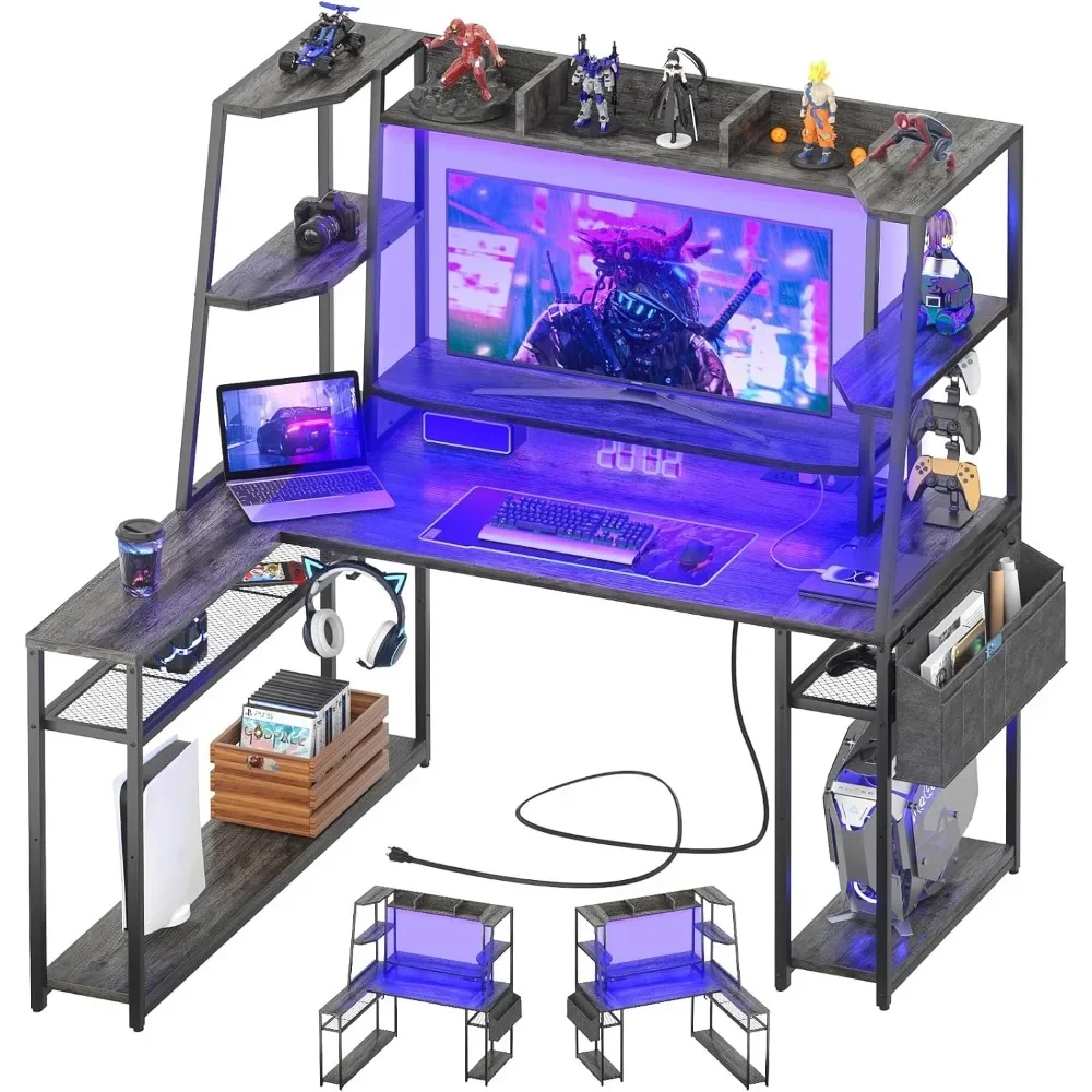 

L Shaped Gaming Desk with Hutch & Shelves, 47'' Gaming Computer Desk with LED Lights & Outlets, PC Gaming Desk with Storage