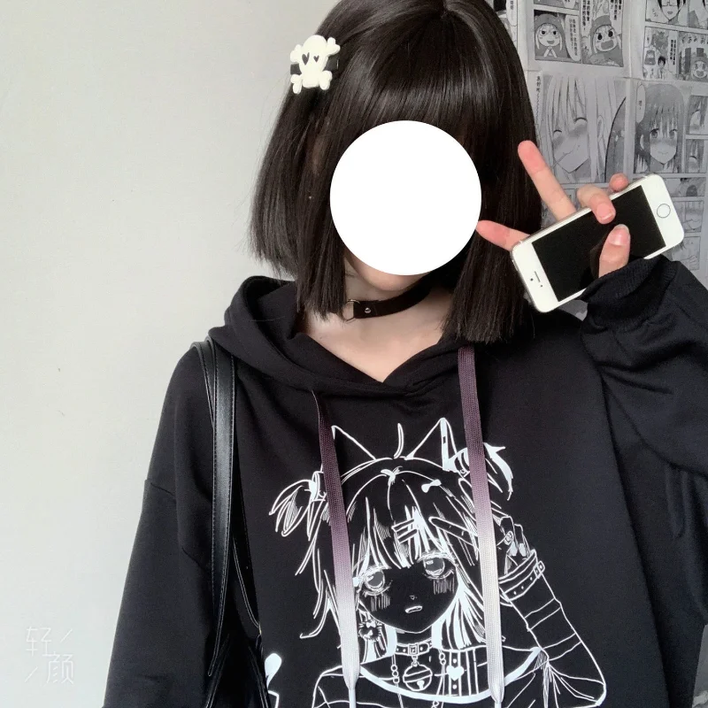 Sudadera de manga larga con estampado de Anime blanco japonés para mujer, jerséis de estilo Preppy, Sudaderas holgadas Kawaii, Tops con capucha Y2k