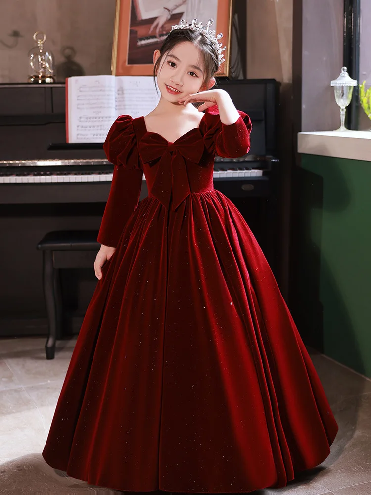 

Красное детское новогоднее платье принцессы для девочек, маленькое свадебное платье с цветочным узором для девочек, элитное весеннее платье для выступлений на фортепиано