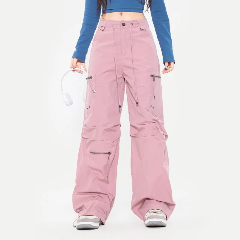 OR FL Women's Trendy American Style Cargo Trousers Hot Girl Fold Pink High Street Slacks Y2k Solid Color Zipper Staraight Pants